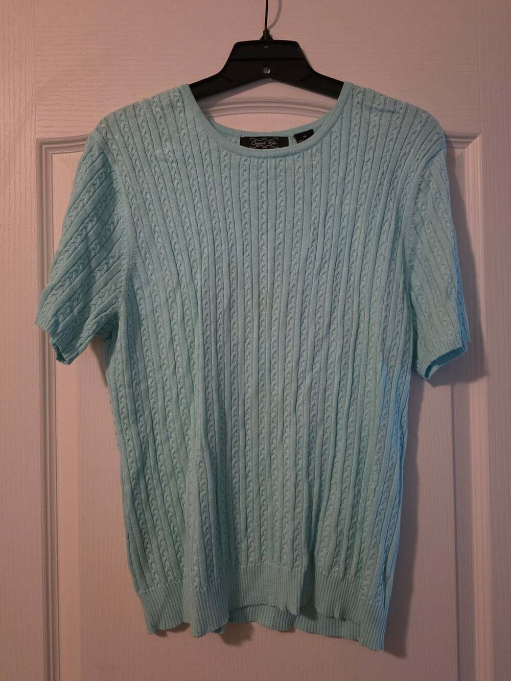 Crystal Kobe Women's Light Blue Cable Knit Short Sleeve Cotton Sweater Size 1X